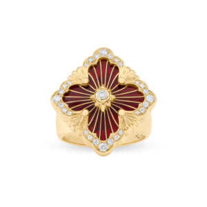 OPERA TULLE YELLOW GOLD RING WIT RED ENAMEL BACKGROUND AND LOGO