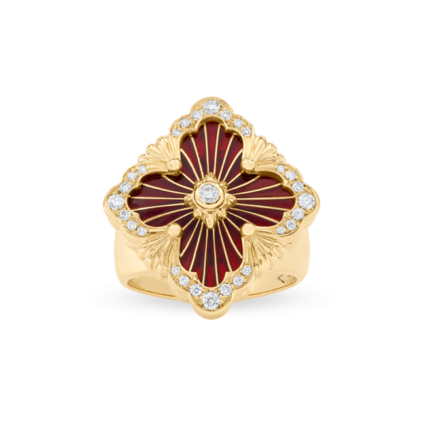 OPERA TULLE YELLOW GOLD RING WIT RED ENAMEL BACKGROUND AND LOGO