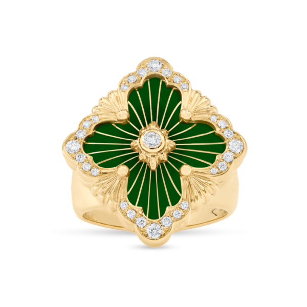 OPERA TULLE GOLD RING WITH GREEN ENAMEL BACKGROUND AND RADIAL TULLE